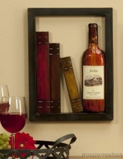 Cut Out RED WINE PLAQUE w/ Books Kitchen Wall Decor Accent PIcture Art