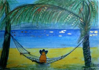 ACEO miniature painting Charlie Siamese cat Beach hammock sparkle 1 1