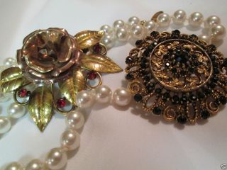 Kramer NY Rhinestone Brooch Gold Filled Sim Pearl Necklace Jewelry Lot
