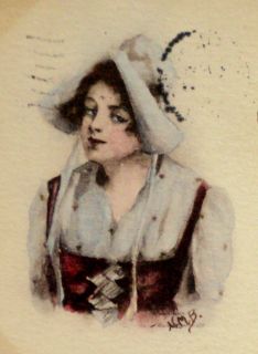 1907 Original Hand Painting Miniature, Woman Fashion Clothing , Old