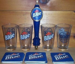 Labatt Blue Tap Handle Keg Marker 4 Beer Pint Glasses Coasters New