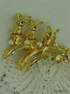 Signed RS Faux Pearl Trio Reindeer Christmas Pin Brooch