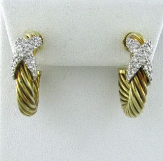 Estate David Yurman 14k Gold Diamond Hoop Earrings