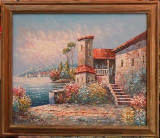 Travel Oil Painting Italian Lake Scene Villa