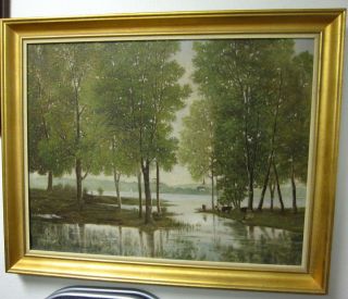 ANTIQUE PAINTING SWEDISH LANDSCAPE CHURCH COWS LAKE TREES 1891 FRAMED