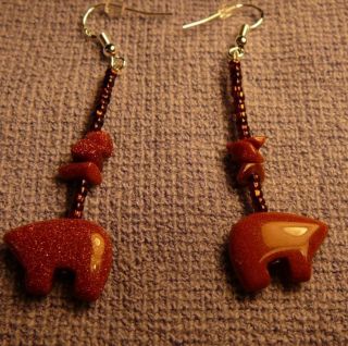 Gemstone Goldstone Bear Earrings w Sterling Silver   Native American