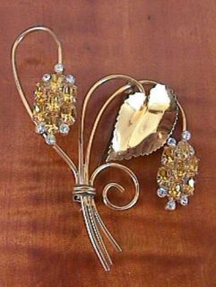 Vintage Sterling Gold Gilt Yellow Stones Large Brooch