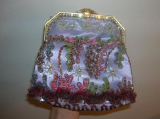 Larisa Barrera Lilac Satin Colorful Beaded Evening Bag