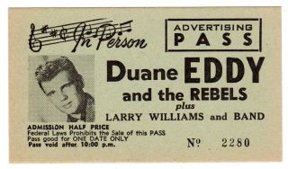 Duane Eddy Larry Williams Concert Pass 1958 Vintage Pristine
