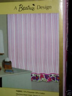 Pink White Striped Purple Floral Fabric Shower Curtain