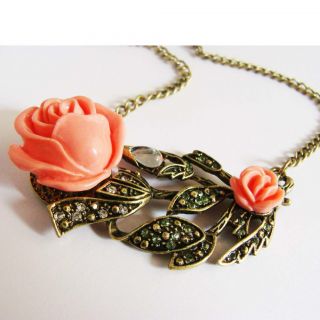 Vintage Art Deco Pink Rose Bronze Crystal Leaf Necklace