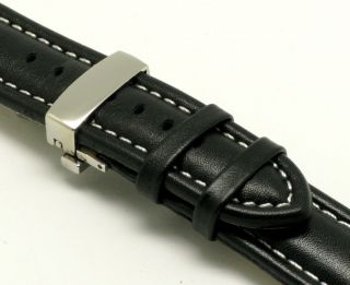 20mm Black White Leather Watch Band Deployment Clasp for Omega Movado