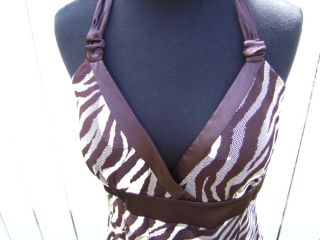 Le Chateau Brown White Zebra Print Halter Tie Ribbon Open Back Dress