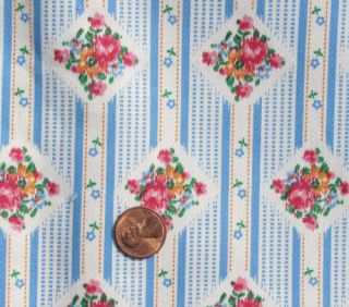 Lovely Unusual Vintage Striped Cotton Ticking Fabric Roses On Blue