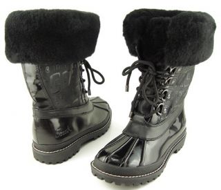 COACH LEONORA Black Nylon Leather Lace Up Fur Cuff Womens Winter Boots