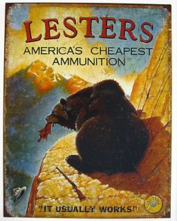 Lesters Ammo Funny Bear Hunting Tin Sign Bar Garage Lesters Metal