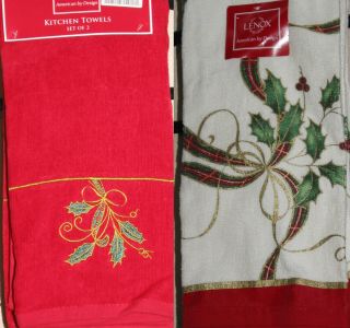 New Lenox Holiday Nouveau Ribbon Holly Christmas 2 Pack Kitchen Towels