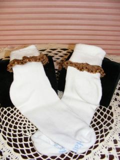 Hanes White Crew Sock Hand Embellished Brown Ruffle