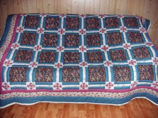 Blue and Burgundy Dancing Flowers Homemade Queen Size Quilt