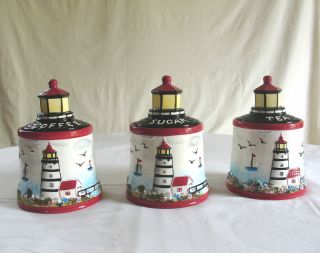 Light House 3 Piece Storage Canister Set Hand Painted Fine Ceramicware