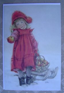 Lisi Martin Vintage Christmas Card Sweden 1984 Apple Girl Sled