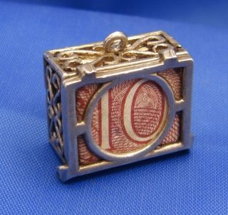 Vintage English Sterling Silver 10 Shilling Note Mad Money Box Charm