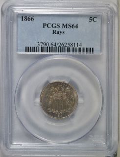 1866 Shield Nickel with Rays PCGS MS64