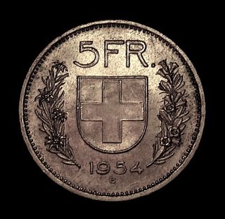 1954 B Switzerland 5 Francs Silver Coin Silver Crown Mint UNC