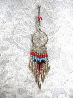 RED   TURQUOISE BLUE & BLACK 9 TASSLE DREAMCATCHER BELLY BUTTON RING