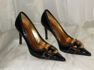 LUICHINY RED BOTTOMS WOMENS BLACK AND GOLD PATENT LEATHER HEELS SIZE