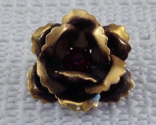 Rose flower pin Layered Petals Red Rhinestone Figural Brooch 1 Vintage