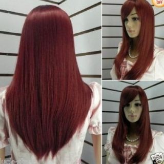 Burgundy Red Long Straight Human Made Hair Full Wig 2