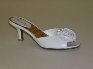 Stuart Madeline Shae White Patent Leather Heels with Flower Accent