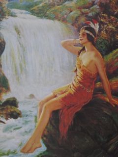 Buckskin Indian Maiden in Moonlight by Waterfall Red Tipped Feathers