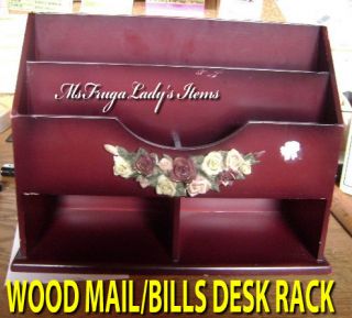 Burgundy Wood Floral Bill Organizer Mail Storage Desk Accessory Holder