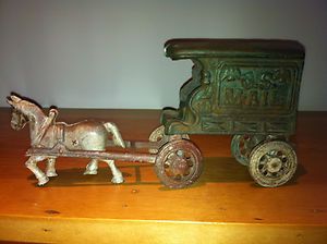 Original Cast Iron Horse on Wheels and U s Mail 128 Cart