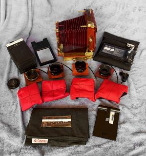 Wisner 4x5 Classic Traditional Field camera outfit, 4 lenses backs