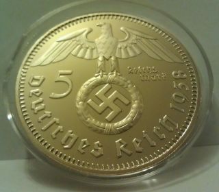 Germany 5 Mark 1938 Nazi 24K Gold Plated Swastika German Restrike Coin