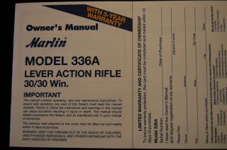 Marlin Model 336A Lever Action Rifle 30 30 Win Owners Manual 6 01