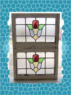Pair of Antique Stained Glass Windows Ruby Tudor Roses