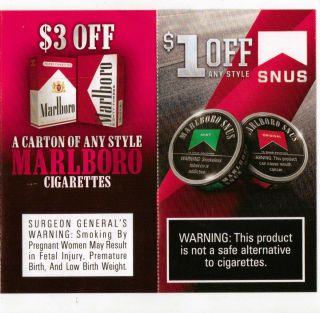 Marlboro Cigarettes Coupons $3 00 Off A Carton Any Style 1 $ Off Snus
