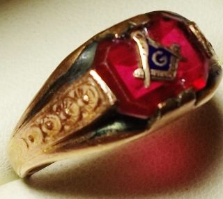 14k RGP Rolled Gold Antique Ruby Glass Masonic Masons Jewelry Size 10
