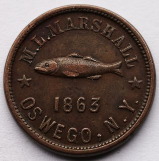1863 Civil War Token M L MARSHALL OSWEGO N Y FISHING TACKLE AND RARE