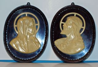  Vintage Plaques Brown White Hard Plastic Raised Images of Mary Jesus