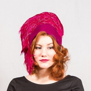 Vintage 1980s Jack McConnell Hot Pink Feather Rhinestone Wool Hat