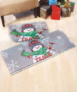 Piece Peace Holiday Christmas Snowman Cushion Mat Floor Runner Rug Set