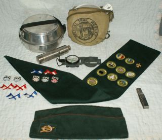 Boy Cub Scout Lot Patches Sash Hat Mess Kit Fork Original Merit Badges