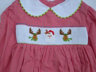 Smocked Sz4 Christmas Dress by Mom N` Me Red Checks Reindeer Santa
