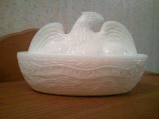 The American Hen Milk Glass Eagle on Nest 1890s EAPG Victorian Glass