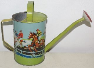 ANTIQUE GERMAN TIN CHILDS WATERING CAN EMBOSSED HORSE RACING
